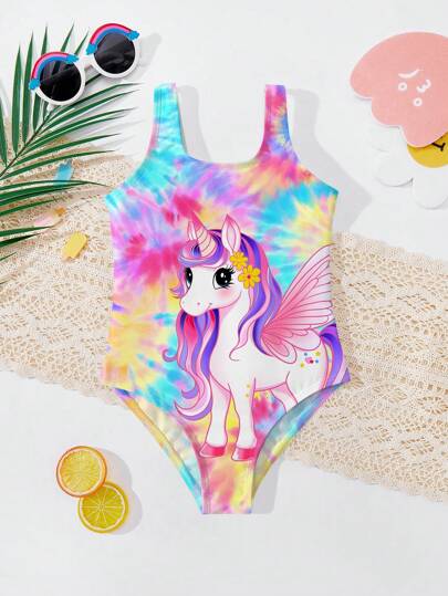 SHEIN Traje de baño de una pieza con estampado de unicornio y teñido anudado, casual y minimalista para niñas jóvenes en verano