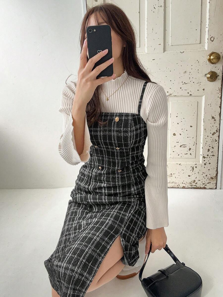 FRIFUL 女式休闲格子前扣吊带中长连衣裙秋冬