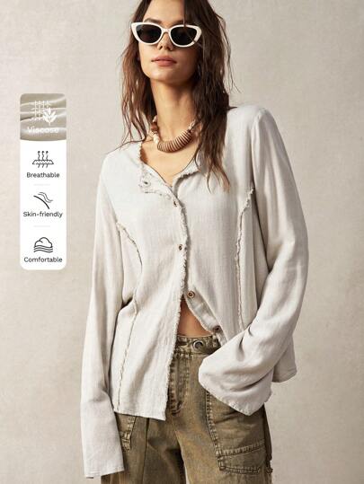 Bohemela Camisa casual de vacaciones de mujer de manga larga y unicolor con botones