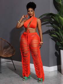 Slaydiva 2025 New Arrival Holiday Vacation Simple Hollow Out Solid Color Tie Front Top + Tassel High Waist Pants Knit 2Pcs Suit For Women, Spring/Summer - Orange - View 9