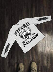 PAVTROS 男士圆领长袖字母印花休闲 T 恤 - 白色 - 查看 1