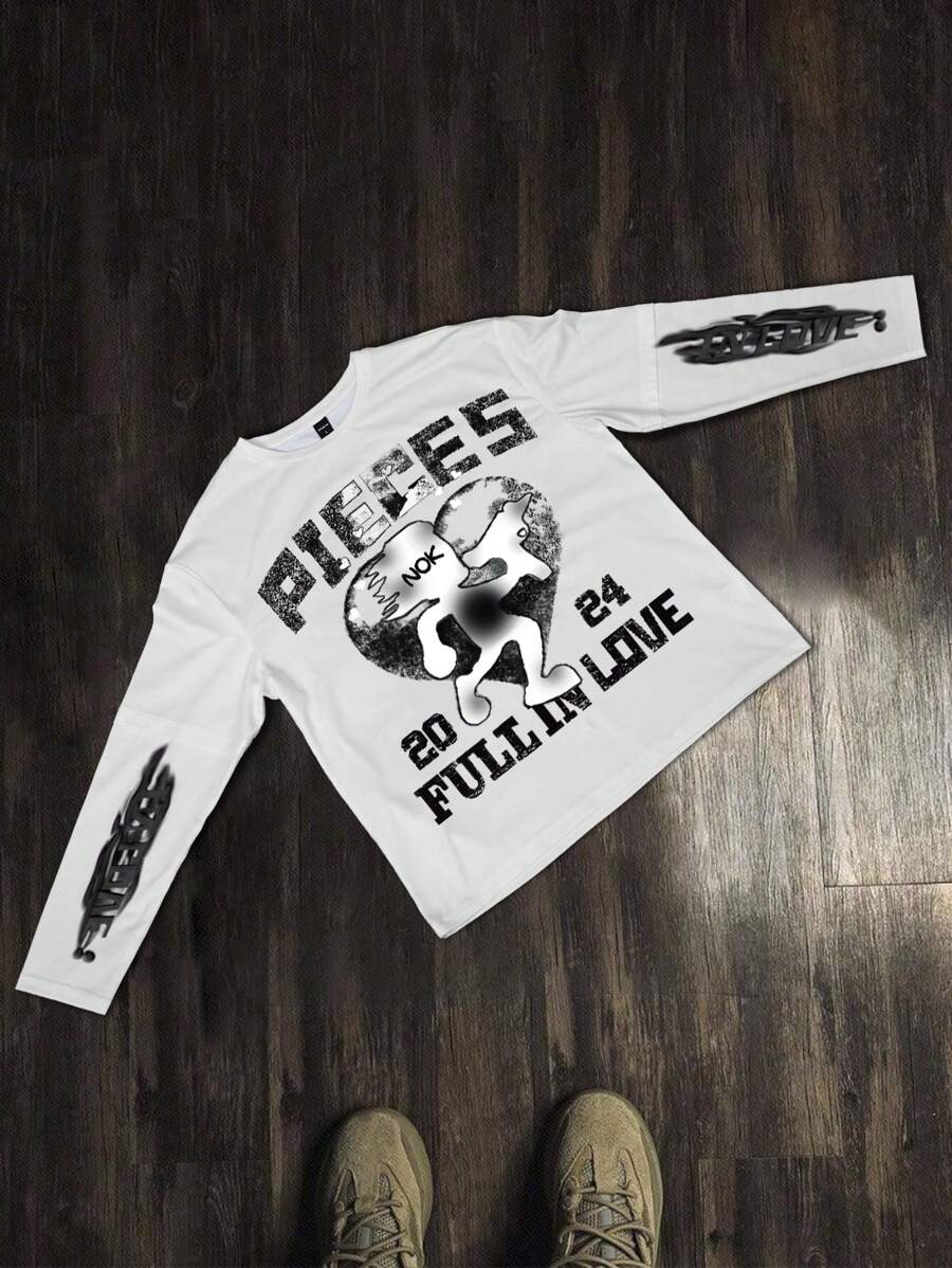 PAVTROS 男士圆领长袖字母印花休闲 T 恤 - 白色 - 查看 1