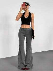 SHEIN EZwear Summer Office Old Money Style Grey Low Waist Flared Trousers - Grey - View 5