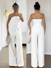 Rafferiza Women's Elegant Commuter Solid Color Floral Splicing Halter Jumpsuit - White - View 1