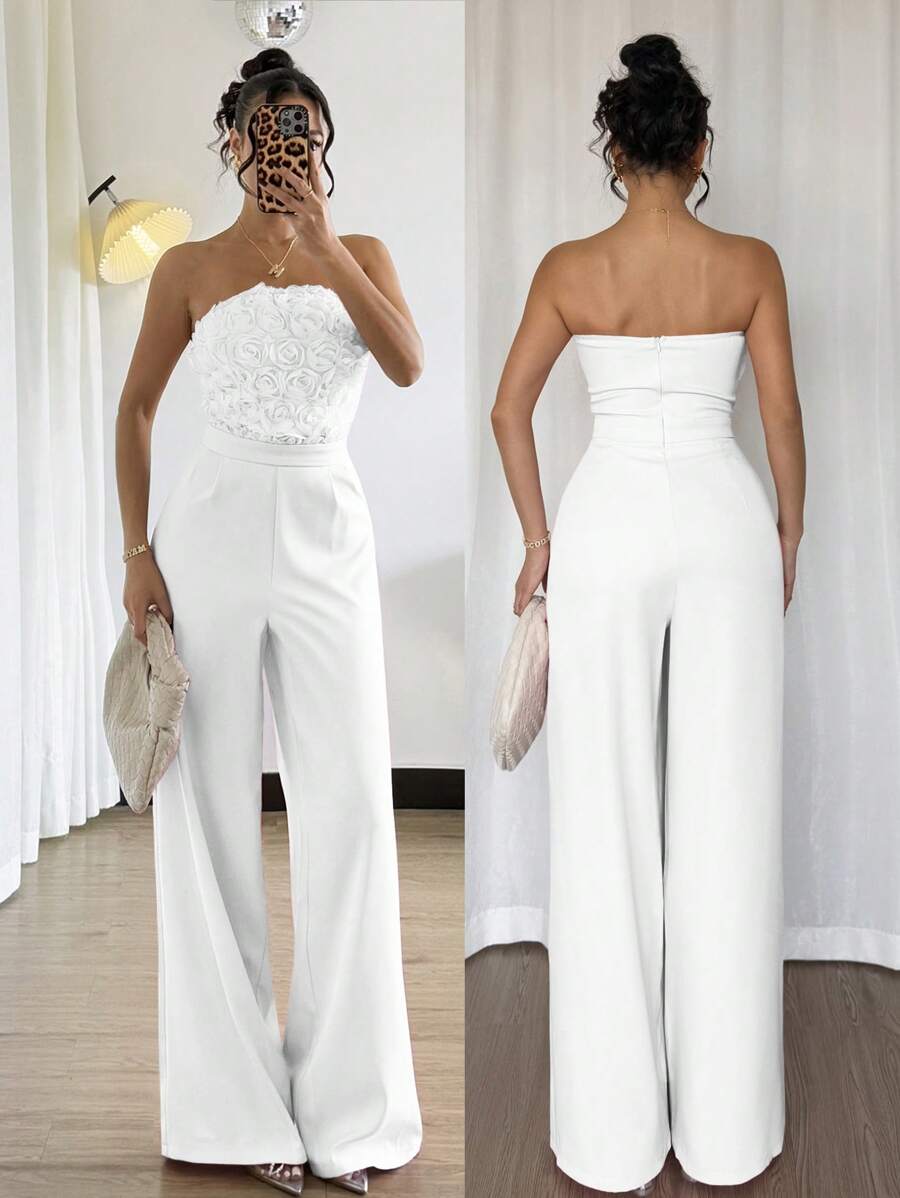 Rafferiza Women's Elegant Commuter Solid Color Floral Splicing Halter Jumpsuit - White - View 1