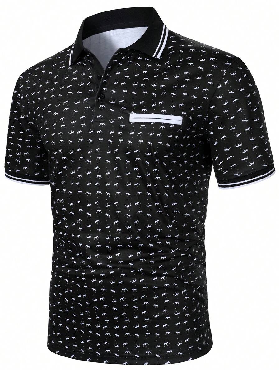 Manfinity Mode Men's Casual Polo Shirt With Crown Pattern And Striped Color Block Design - Black - View 1