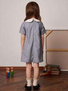 PrepCrw Young Girls' Spring Summer School Style Grey-Blue Woven A-Line Contrast White Collar Dress - Blue - View 2