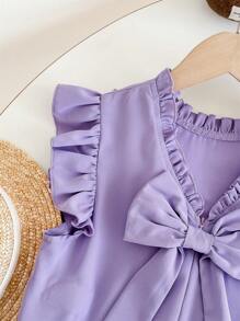 SHEIN Leap Crew 女童编织可爱不对称荷叶边刺绣蝴蝶结装饰衬衫和休闲优雅喇叭裤两件套，薰衣草色，适合春季外出、度假、花园茶会、休闲外出