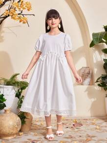 SHEIN Tween 女童白色中长宽松腰部不对称下摆和荷叶边装饰圆领短款泡泡袖休闲日常百搭连衣裙，适合上学、郊游、度假、春夏，适合所有体型 - 白色 - 查看 6