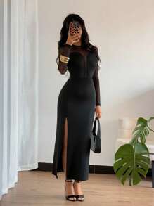 Elenzga Nuevo vestido de mujer con cuello redondo, empalme de malla, escote en V profundo semitransparente, manga larga y abertura alta, vestido elegante y sexy para ocio de las damas - Negro - Ver 1