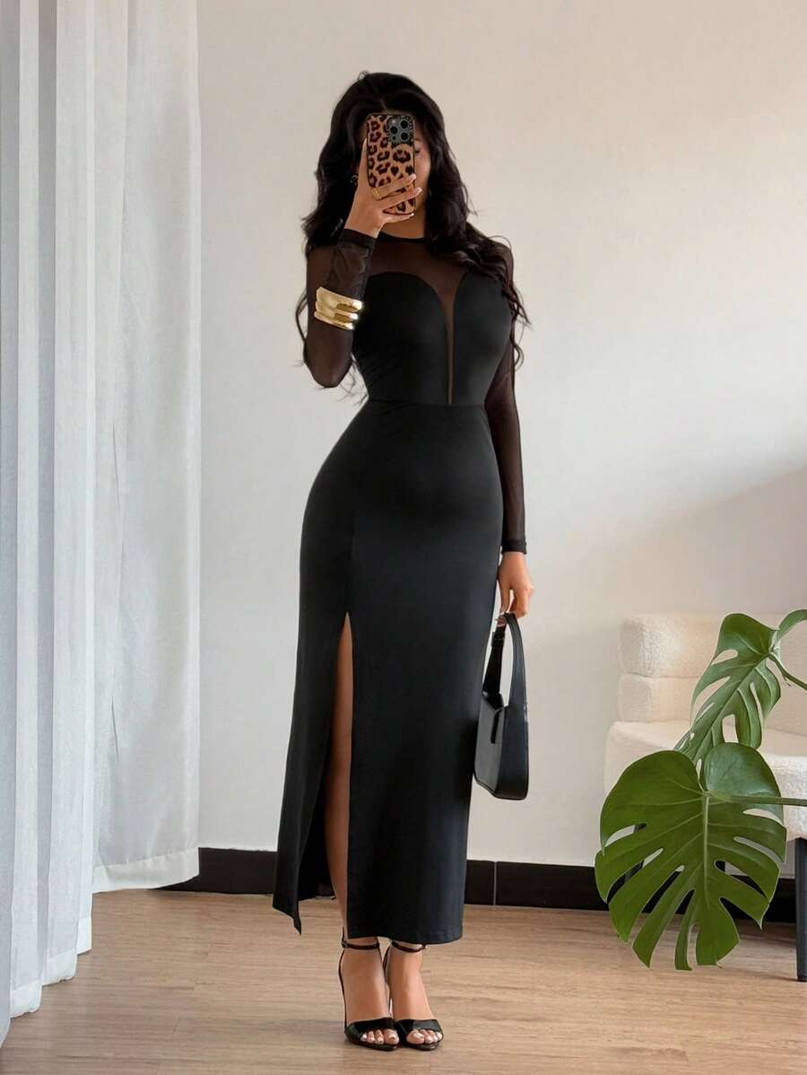 Elenzga Nuevo vestido de mujer con cuello redondo, empalme de malla, escote en V profundo semitransparente, manga larga y abertura alta, vestido elegante y sexy para ocio de las damas - Negro - Ver 1