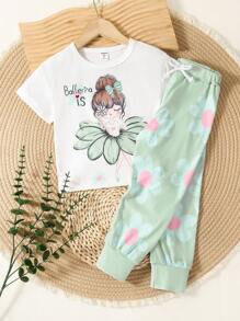 2pcs Set Young Girl Casual Cute Cartoon Character & Text Print Top Matched With Printed Floral Cinched Waist Ribbed Hem Pants 2 Pieces Outfit, Suitable For Outing, Picnic, Photo Shoot - White - View 1