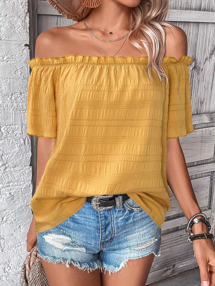 SHEIN LUNE Damska jednokolorowa bluzka z odkrytymi ramionami i krótkim rękawem, modna na wakacje