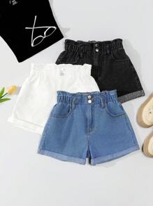 Tween Girl Casual Denim Ruffled Waist Washed Jean Shorts, 2pcs/Set,Holiday,Summer,Travel, School, Campus, College - Multicolor - View 1