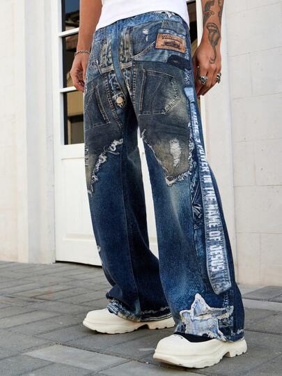 Grunge Punk Herren Loose Fit Pentagon Weit Geschnittene Bequeme Vielseitige Jeans