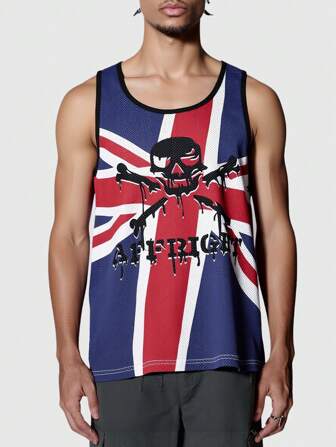 Grunge Punk Men's Rock Brand Contrast Color UK Flag & Letter Print Sports Vest