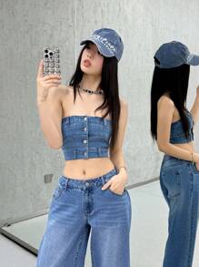SHEIN EZwear 女士性感紧身弹力露肩牛仔上衣，蓝色 - 中等水洗藍 - 查看 5