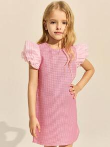 SHEIN Young Girls Elegant Pink Woven Ruffle Sleeve Round Neck Dress - Pink - View 7