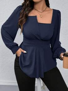 Calvaya Kemeja Kasual Wanita Ukuran Plus dengan Bahu Asimetris, Kerah Bulat, Hem Berkerut, dan Lengan Lentera yang Diikat, Cocok untuk Perjalanan Musim Gugur. - Navy Blue - View 6