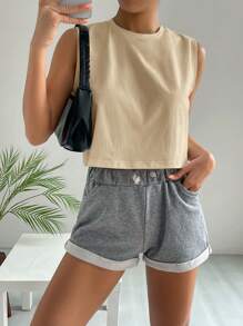 SHEIN Essnce 宽肩带休闲短款背心，简约时尚，适合夏季 - 米色 - 查看 4