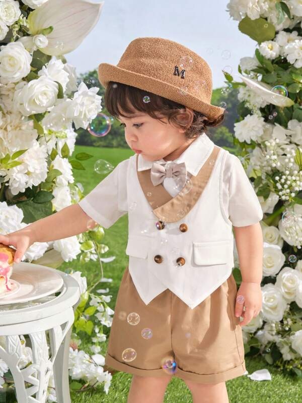 Baby Boy Summer Casual Academic Formal Gentleman Outfit, Colorblock Khaki And White Vest And Shorts Set, Suitable For Birthday Party, Evening Party, Performance, Wedding, Baby Shower, Wedding Guest, Pageboy, Ring Boy, Flower Girl