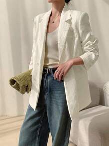 Chiquease Blazer de tela texturizada para mujer, blazer casual de doble botonadura y ornamental para mujer - Beis - Ver 1