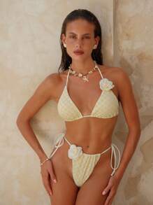 SHEIN Swim 2pcs Women Halter Flower Decor Sexy Bikini Set, Special Fabric For Summer Beach Vacation - Multicolor - View 4