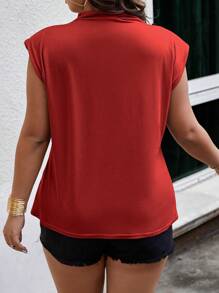 Calvaya Plus Size Women Solid Color Stand Collar Toothpick Striped Design Cap Sleeve Casual T-Shirt - Red - View 2