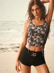 Elaire Floral Print Metal Eye Halter Tankini Crop Top And Metal Detail Shorts Tankini Set For Summer Beach Vacation - Multicolor - View 7