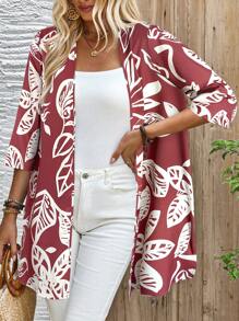 EMERY ROSE Women's Casual Loose Leaf Graphic 3/4 Sleeve Blouse, Suitable For Daily Wear In Summer - Redwood - View 3