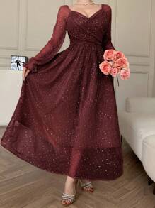 DAZY Đầm dạ hội dài màu sâm panh mới, đầm dự tiệc sang trọng kiểu Pháp dành cho quý cô mùa xuân/thu, đầm tay dài thanh lịch màu đỏ, đầm dạ hội đính sequin lấp lánh. - Màu Đỏ Sâu - Xem 3