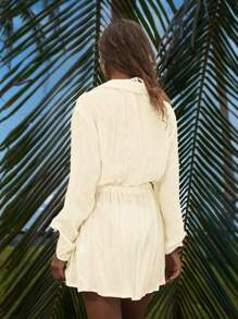 Swim Vcay 夏季服装女式优雅休闲套头衫、纽扣系带灯笼袖罩衫和简约轻便短款沙滩裙，适合海滩度假 - 杏色 - 查看 2