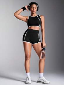 Stretchy & Skin-Friendly Women's Tank Top And Shorts Athletic Set, Minimalist & Fashion For Summer Sports