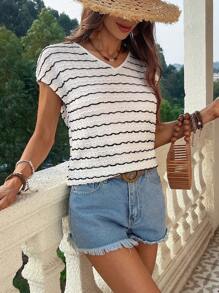 SHEIN VCAY Women's Summer Boho  T-Shirt Knit Stripe Knot Front Flower Embroidered Panel Back V-Neck Summer T-Shirt  Loose Fit Women T-Shirt Casual Women T-Shirt Summer Casual T-Shirt Rave T-Shirt Going Out Vacation T-Shirt Summer T-Shirt Beachwear Summer T-Shirt For Women Summer T-Shirt Beach Outfits For Woman Summer T-Shirt Rave Outfits Festival Vacation Outfits Woman