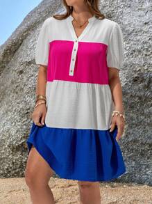 EMERY ROSE Plus Size Women V-Neck Ruffle Hem Loose Fit Short Puff Sleeve Colorblock Dress Summer Outfits For Women Tropical Vacation Woman Clothes Oversize Beach - Multicolor - View 4