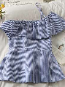 INAWLY Áo cánh thắt eo họa tiết sọc bất đối xứng cho nữ - Màu xanh lam - Xem 2