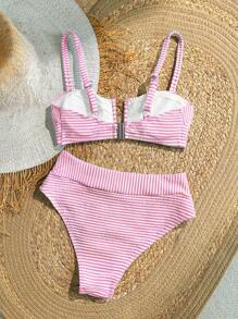 SHEIN VCAY Women 2pcs/Set Strap Striped Bikini Set, High Waist Triangle Swimwear - Pink - View 2
