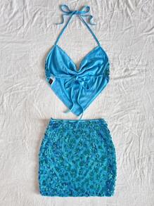 Soleia أزياء صيفية للنساء، طقم من قطعتين للنساء، أزياء عطلة النساء، عيد الفصح، أزياء شاطئية للنساء، ملابس غربية للنساء، أزياء عيد ميلاد للنساء، أزياء حفلات موسيقية للنساء، أزياء مهرجانات راف، طقم قطعتين للنساء من توب حلاقي بترتر أزرق وتنورة قصيرة شقوق في الخصر، أزياء مهرجانات موسيقية