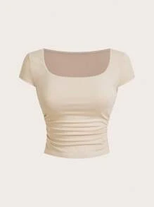 SHEIN BAE Set de 3 camisetas de manga corta con cuello en U y fruncido, de ajuste ceñido, versátiles para el verano, para mujeres - Multicolor - Ver 10