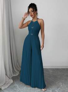 SHEIN Privé 优雅杏色挂脖系带前镂空金属水钻蝴蝶结褶皱阔腿女式连体裤 - 藍色 - 查看 5