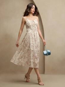 Anewsta Damen elegantes Kleid mit Blumen- und Schmetterlingsprint, Bindung in der Taille, sommerliche Brunch-Outfits für Festivals - Aprikosenfarben - Übersicht 6