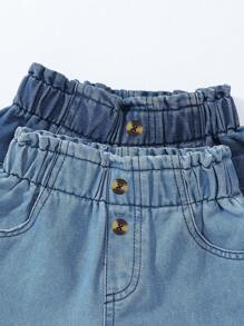 2pcs/Set Girls Casual Simple Versatile Loose Comfortable Denim Shorts, Light Blue & Medium Blue Washed With Ruffle Waistband, Summer 2025 New Arrivals, Suitable For Everyday Wear & Leisure Activities, School, Campus, College - Multicolor - View 3