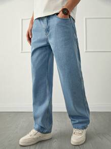 RueChic Men Light Blue Washed Patched Ripped Loose Fit Jeans - Blue - View 5