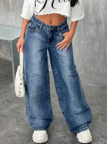 EURMUSE WOMEN WIDE LEG LOW WAIST JEAN PLEAT DETAIL - Medium Wash - View 6