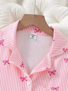 Tween Girl Cute Pink And White Striped Classic Bow Collar Button Front Short Sleeve Shorts 2 Pieces Casual Comfortable Pajama Set,Summer,Travel,Sleep - Pink - View 4