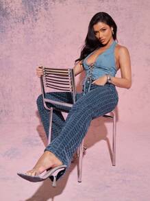 Denimoi Women's Textured Mid-Rise Straight Leg Jeans - Dark Wash - View 3