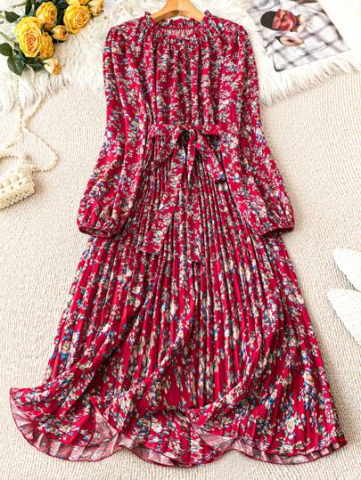DreamSkyne Plus Size Women Ditsy Floral Ruffle Trim Round Neck Long Sleeve Pleated Elegant Dress, Autumn Maxi Women Outfit Fall Cloth For Women