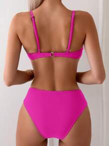 Swim Basics 2pcs Solid Color Ruched Cami Bra And High Waisted Bikini Bottoms Set For Summer Beach Vacation - Hot Pink - View 2
