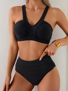 Swim Basics Women's V-Neck Ruched Top And High Waist Ruched Bottoms Swimwear Set, Black - Black - View 3