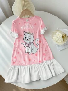 SHEIN Young Girl Crew Neck Contrast Ruffle Sleeve Cartoon Graphic Casual Cute Nightgown - Pink - View 1